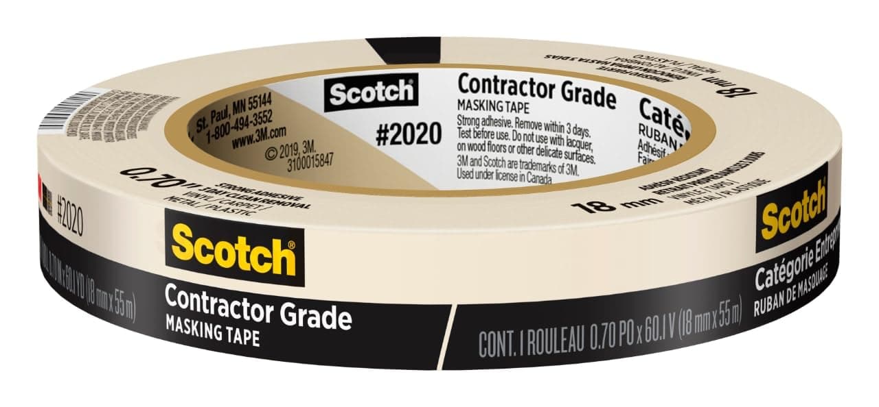 Scotch Contractor Grade Masking Tape, 0.7 in. x 60.1 Yds, 1 Roll, 3-Day Interior Clean Removal, Removes Easily Without Leaving Sticky Residue, Interior & Exterior Use (2020-18AP)