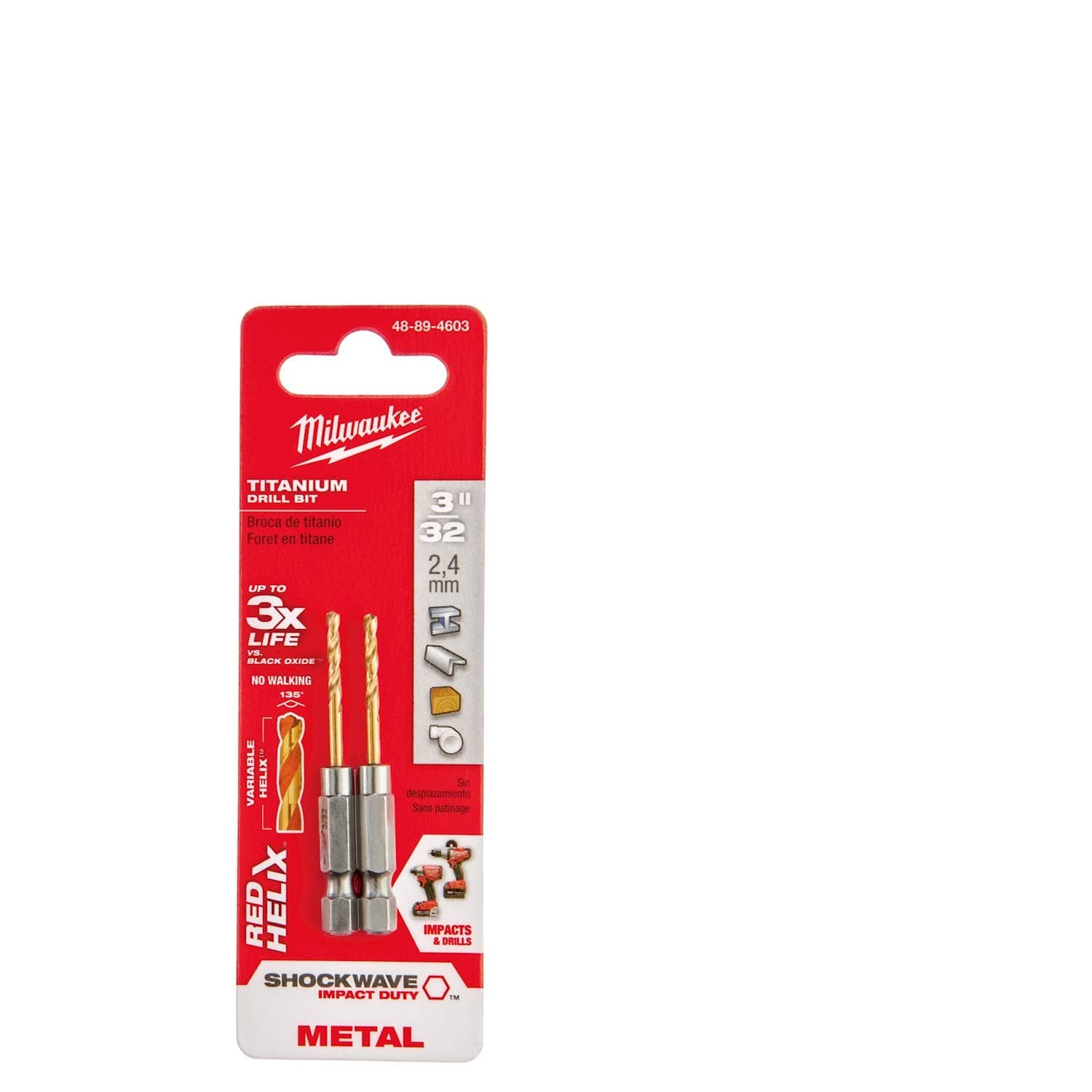 Milwaukee Electric Tool 48-89-4603 Impact Drill Bit, 3/32" Diameter x 2.38" L, 47/64" 35 Degree Helix Flute, 1/4" Hex Shank, 135 Degree