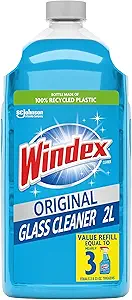 Windex Refill Glass and Window Cleaner Bottle, Bottle Made from 100% Recycled Plastic, Surface Cleaning Spray, Original Blue Scent, 2L (67.6 Fl Oz)
