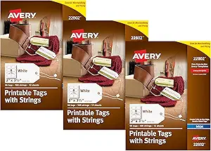 Avery 22802 Printable Tags for Inkjet Printers Only, Tags With Strings, 2" x 3.5", 96 Tags, Sold as 3 Pack, 288 Tags Total
